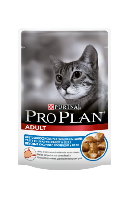 Pro Plan консервы в пауче для кошек. Кролик PURINA® PRO PLAN® Adult с кроликом  Предназначен для взрослых кошек от 1 года.  Стимулирует работу мочевыводящего тракта. PRO PLAN® Adult для взрослых кошек содержит сбалансированный комплекс питательных веществ, включая витамины и минералы со вкусом, который так нравится кошкам.  Новый влажный корм приготовлен с заботой нашими экспертами компании PURINA®, PRO PLAN® Adult для взрослых кошек сделан из мясных или рыбных кусочков в аппетитном желе.
