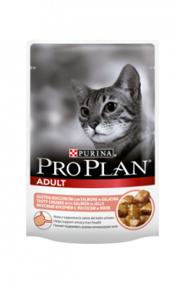 Pro Plan консервы в пауче для кошек. Лосось PURINA® PRO PLAN® Adult с лососем  Предназначен для взрослых кошек от 1 года.  Стимулирует работу мочевыводящего тракта.  PRO PLAN® Adult для взрослых кошек содержит сбалансированный комплекс питательны веществ, включая витамины и минералы со вкусом, который так нравится кошкам. Новый влажный корм приготовлен с заботой нашими экспертами компании PURINA®, PRO PLAN® Adult для взрослых кошек сделан из мясных или рыбных кусочков в аппетитном желе.