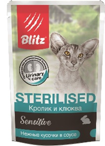BLITZ Корм консервированный полнорационный для кошек КРОЛИК И КЛЮКВА кусочки  в соусе 